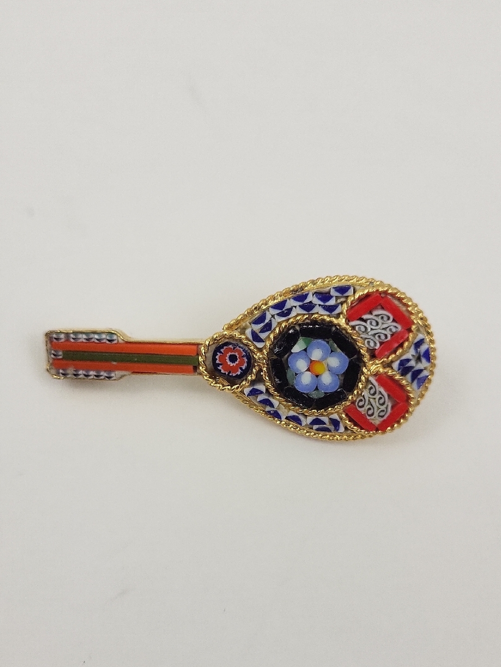 Enamel Micro Mosaic Flower Lute Brooch - Red, Blue, Black, Gold